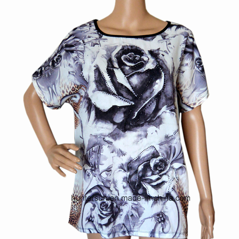 Ladies Flower Fashion Digital Printed T Shirt (HT7034)