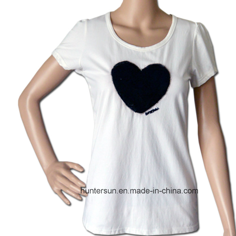 Women Casual Sequin Heart Embroidered T-Shirt (HT7050)