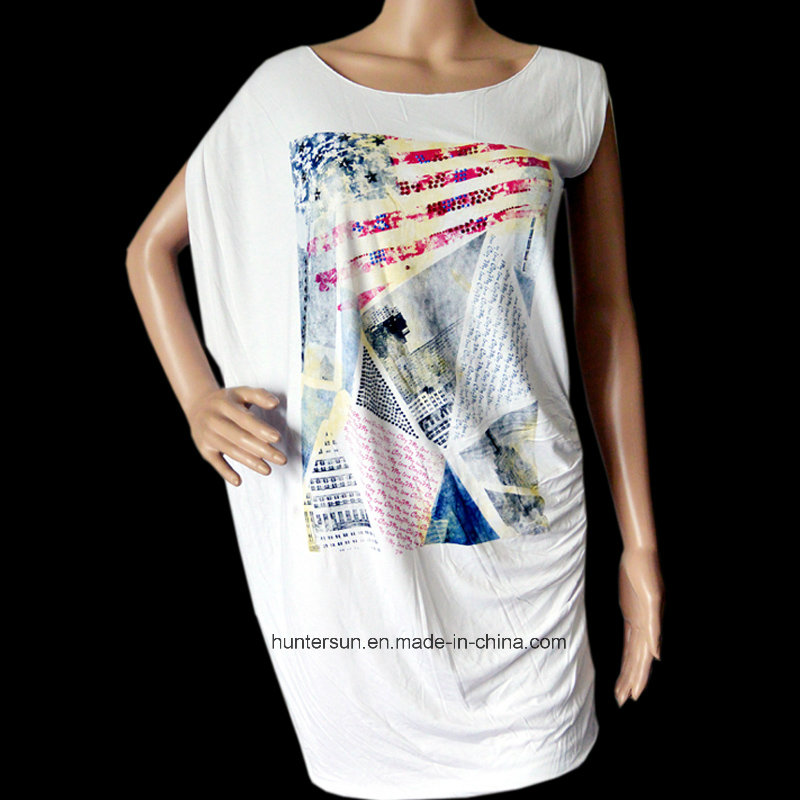 Women Fashion Clothes Irregular Cutting with Printed T Shirt (HT7041)