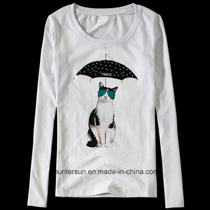 Women Lovely Cat Printed and Embroidered Fashion T Shirt (HT8055)