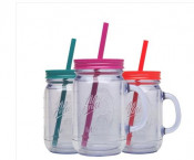 450ml Single Wall Plastic Mason Jars with Handle and Straw Lid