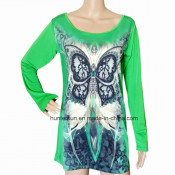 Women Butterfly Digital Printed and Strassed T Shirt (HT7022)