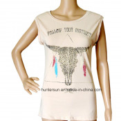 Women Fashion Cow Printed and Strassed T-Shirt (HT7055)