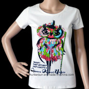 Women Fashion Owl Printed and Strass Slim T-Shirt (HT7012)