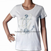 Women New Anchor Printed and Beads Embroidered T-Shirt (HT7054)
