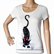 Women New Fashion Cat Printed and Embroidered T Shirt (HT5811-1)