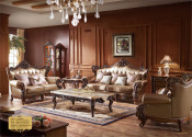 Classical Italian Teak Wood Leather Sofa Wooden Carving (LF-750)