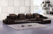 Modern Chinese Furniture Brown Leather Corner Sofa with Fabric Cushions (B52)