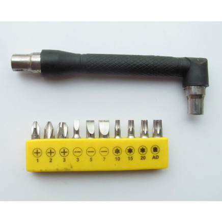Double Ended 90 Degree Angled Screwdriver + 10pcs Bits