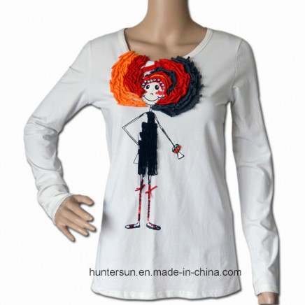 Ladies Fashion Cute Girl Printed and Embroidered T-Shirt (HT6105-1)