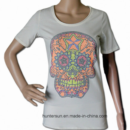 Ladies Fashion Scull Printed and Strassed T-Shirt (HT5060-1)