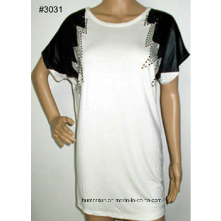 Ladies Fashion T Shirt with PU Patch and Strassed (HT3031)