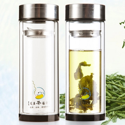 Tea Leaf Double-Walled Glass Tea Water Bottle Dn-174