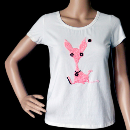 Women Fashion Dog Hand Embroidered T Shirt (HT7006)