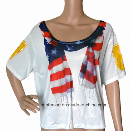 Women Fashion Scarf Printed with Sequin Embroidered T-Shirt (HT7073)