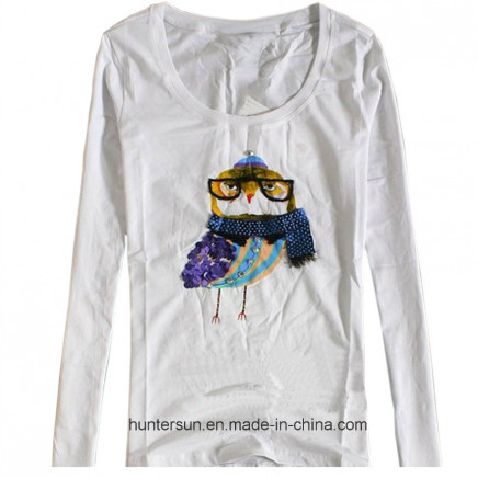Women Lovely Bird Printed and Embroidered Fashion T Shirt (HT8004)
