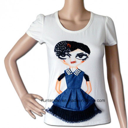 Women New Girl Printed and Embroidered T Shirt (HT7057)