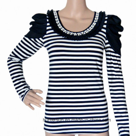 Women Striped with Chiffo and Pearl Embroidery T Shirt (HT5816)