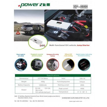 12000mAh Mutifunctional 12V Vehicle Jump Starter in White/Black (SP-666)