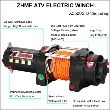 3500lbs Pulling DC 12V Electric Winch with Synthetic Rope