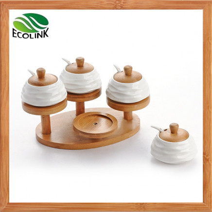 4 Pieces Ceramic Spice Pot Set with Bamboo Stand