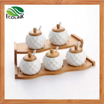 5 Pieces Ceramic Spice Jar with Bamboo Rack