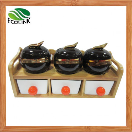 6 Pieces Ceramic Seasoning Pot with Bamboo Rack