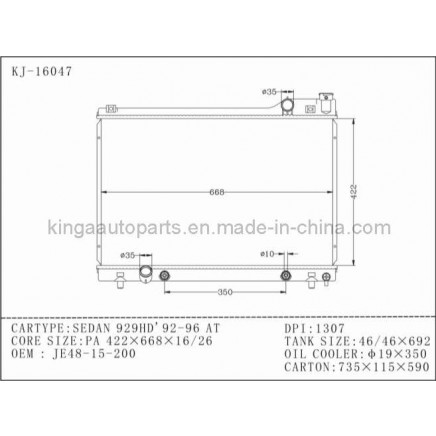 Aluminum Mazda Radiator for Sedan 929hd' 92-96 OEM Je48 15 200