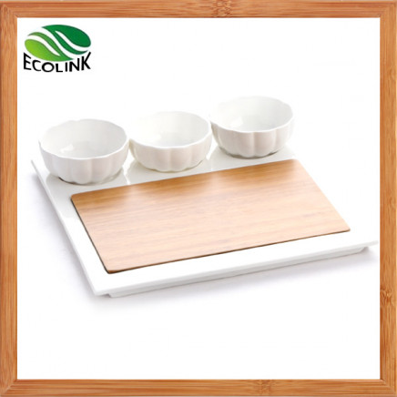 Bamboo Ceramic Fruit Dish Snack Plate Set