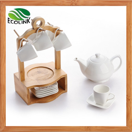 Ceramic Coffee Cup and Saucer Set with Bamboo Stand