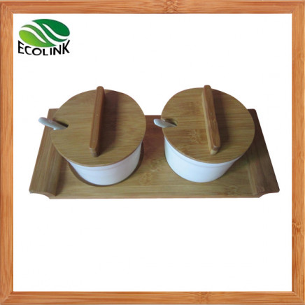 Ceramic Cruet Jar Set with Bamboo Tray and Bamboo Lid