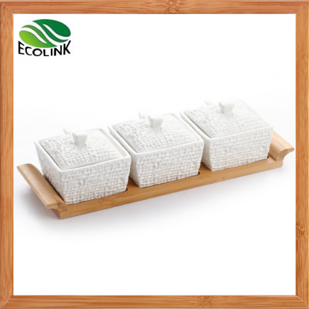 Ceramic Seasoning Jar 3 Pieces Set with Bamboo Stand