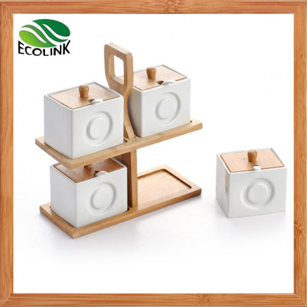 Ceramic Seasoning Pot Set with 2 Tier Bamboo Stand