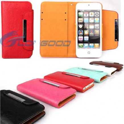 Cheap PU Leather Wallet Leather Case for iPhone 5 with Credit ID Card Holder