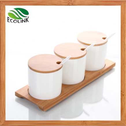 Customize Ceramic Sugar / Spice Jar with Bamboo Stand