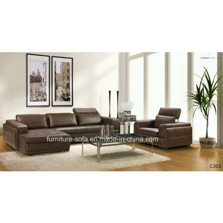 Furniture Brown Color Wood L Shape Corner Leather Sofa (S026)