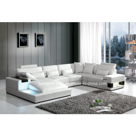 High Back White Sectional Leather Sofa with Table and Light (S072)