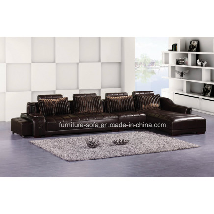 Modern Chinese Furniture Brown Leather Corner Sofa with Fabric Cushions (B52)