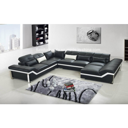 Modern Living Room Wood Frame Big Leather Sofa with Table (S069)