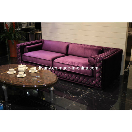 Modern Three Seats Leather Fabric Crystal Buttons Sofa (LS-105C)
