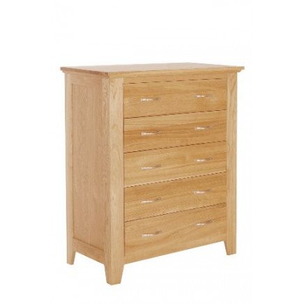Natural Solid Oak 5 Drawer Bedroom Cabinet