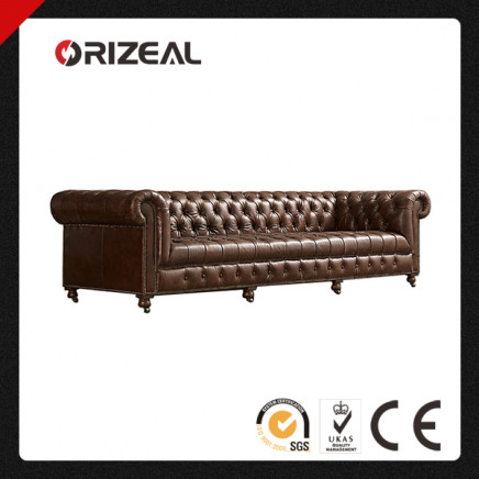 Orizeal Cambridge Genuine Leather Sofa with Deep Tufted and Bold Scroll Arms (OZ-LS-2015)