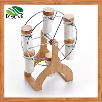 Sky Wheel Shape Bamboo Rack with 6 Ceramic Spice Jar