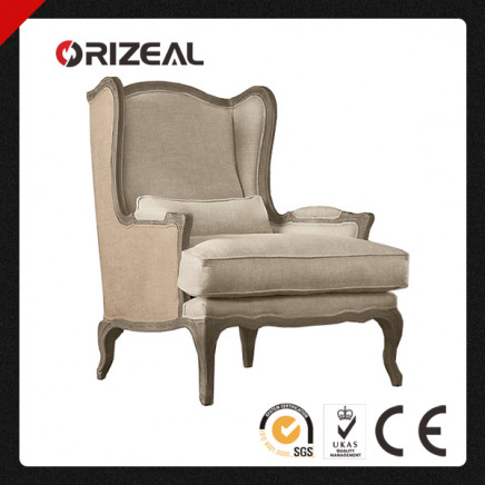Vintage French Lorraine Fabric Wingback Chairs with Burlap (OZ-VFC-001)
