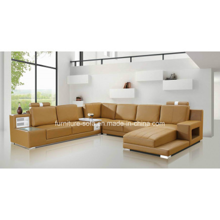 Wood Frame Home Furniture Big Corner Leather Sofa (S018)
