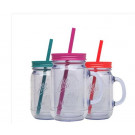 450ml Single Wall Plastic Mason Jars with Handle and Straw Lid