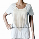 Women Slim Fit Fashion PU Trimming T-Shirt (HT7722)