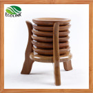 6PCS Round Bamboo Tea Cup Mat with Storage Rack
