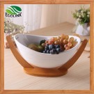 Ceramic Fruit Bowl with Bamboo Stand for Table Decoration