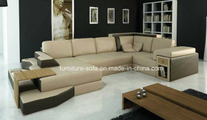 Big Wood Frame Black Leather Sofa with Table and Locker